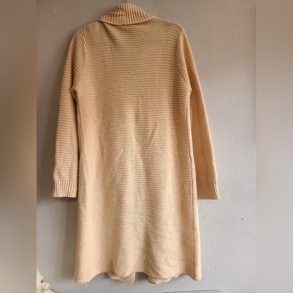 Women's medium beige textured stripe knit long duster open front cardigan - Picture 4 of 5